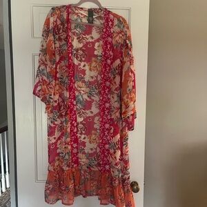 Vince Camuto Floral Sheer Midi Kimono in Pink and Orange